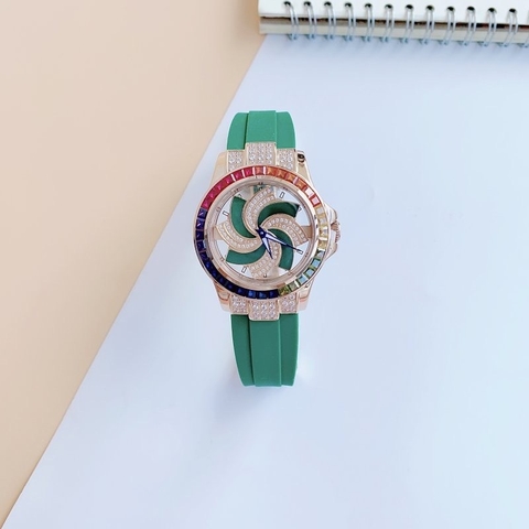 Xcer Mặt Xoay |Nữ Giới |Đính Đá |Rose Gold |Dây Cao Su Xanh Lá |Máy Pin (Quartz) |Size 38mm