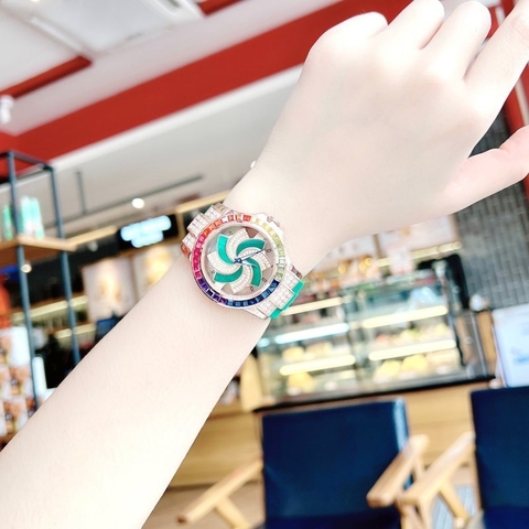 Xcer Mặt Xoay |Nữ Giới |Đính Đá |Rose Gold |Dây Cao Su Xanh Lá |Máy Pin (Quartz) |Size 38mm
