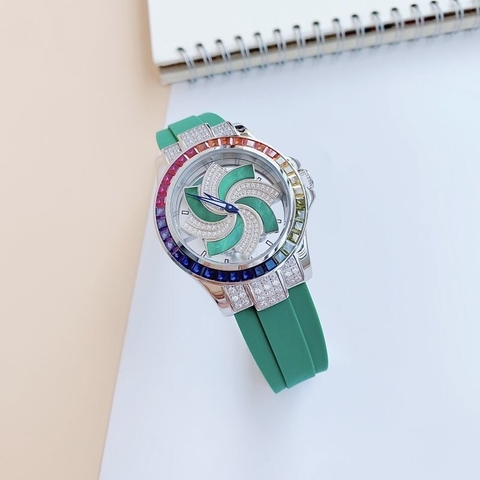 Xcer Mặt Xoay |Nữ Giới |Đính Đá |Silver |Dây Cao Su Xanh Lá |Máy Pin (Quartz) |Size 38mm
