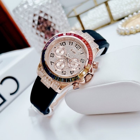 Xcer Rainbow |Nữ Giới |Đính Đá Rose Gold |Dây Silicone Đen |Máy Pin (Quartz) |Size 38mm