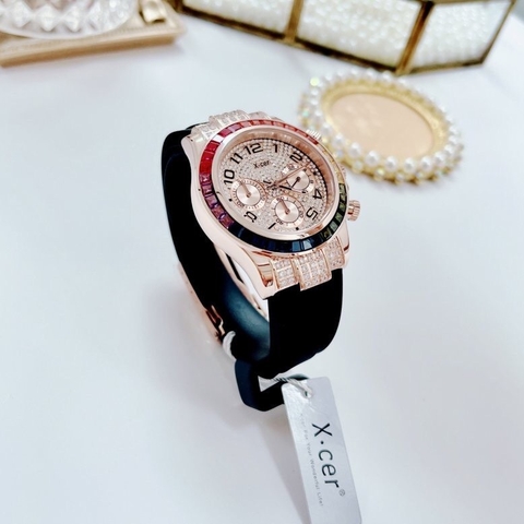 Xcer Rainbow |Nữ Giới |Đính Đá Rose Gold |Dây Silicone Đen |Máy Pin (Quartz) |Size 38mm