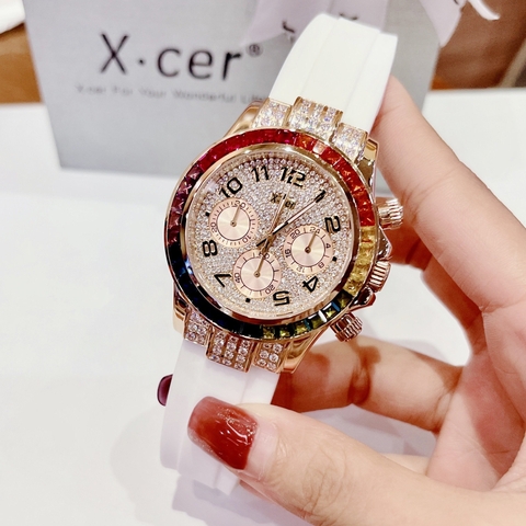 Xcer Rainbow |Nữ Giới |Full Đá Rose Gold |Dây Silicone Trắng |Máy Pin (Quartz) |Size 38mm