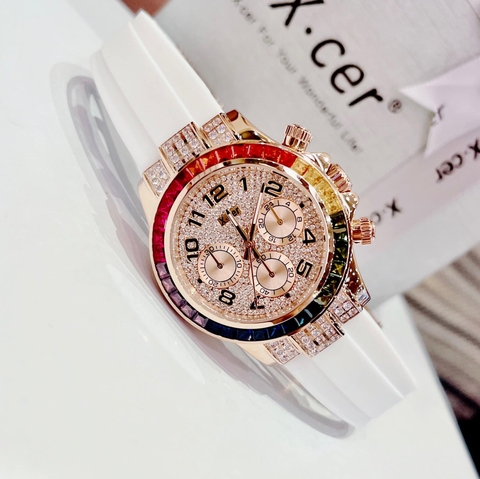 Xcer Rainbow |Nữ Giới |Full Đá Rose Gold |Dây Silicone Trắng |Máy Pin (Quartz) |Size 38mm