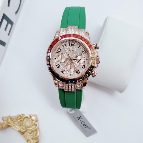 Xcer Rainbow |Nữ Giới |Đính Đá Rose Gold |Dây Silicone Xanh Lá |Máy Pin (Quartz) |Size 38mm
