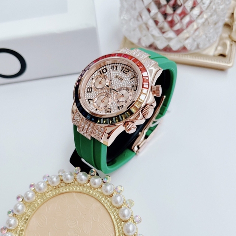 Xcer Rainbow |Nữ Giới |Đính Đá Rose Gold |Dây Silicone Xanh Lá |Máy Pin (Quartz) |Size 38mm
