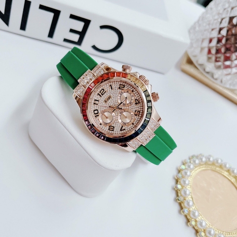 Xcer Rainbow |Nữ Giới |Đính Đá Rose Gold |Dây Silicone Xanh Lá |Máy Pin (Quartz) |Size 38mm