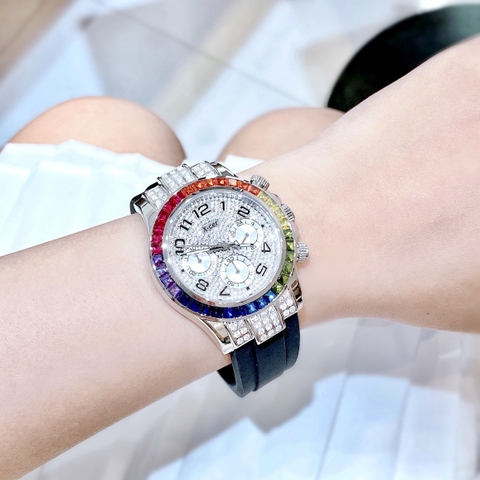 Xcer Rainbow |Nữ Giới |Đính Đá Silver |Dây Silicone Đen |Máy Pin (Quartz) |Size 38mm