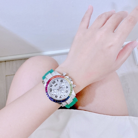 Xcer Rainbow |Nữ Giới |Đính Đá Silver |Dây Silicone Xanh Lá |Máy Pin (Quartz) |Size 38mm