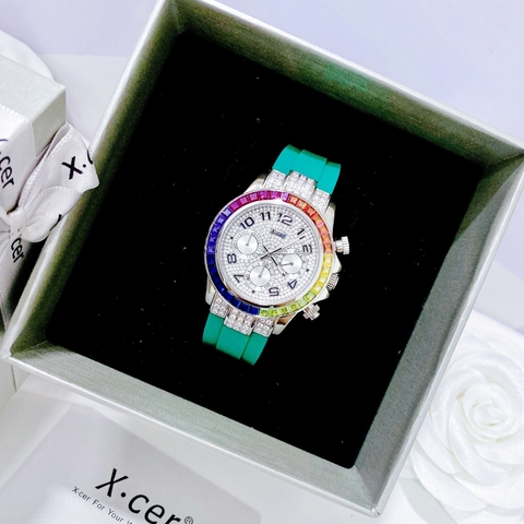 Xcer Rainbow |Nữ Giới |Đính Đá Silver |Dây Silicone Xanh Lá |Máy Pin (Quartz) |Size 38mm