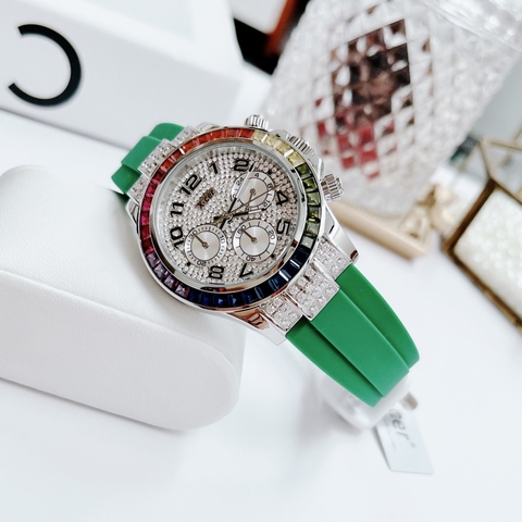 Xcer Rainbow |Nữ Giới |Đính Đá Silver |Dây Silicone Xanh Lá |Máy Pin (Quartz) |Size 38mm