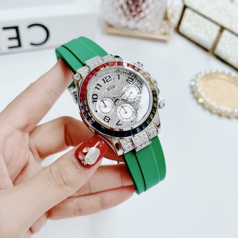 Xcer Rainbow |Nữ Giới |Đính Đá Silver |Dây Silicone Xanh Lá |Máy Pin (Quartz) |Size 38mm