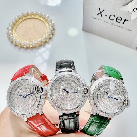 Xcer Tựa Cartier |Nữ Giới |Đính Đá |Trắng Silver |Dây Da Đỏ |Máy Pin (Quartz) |Size 36mm