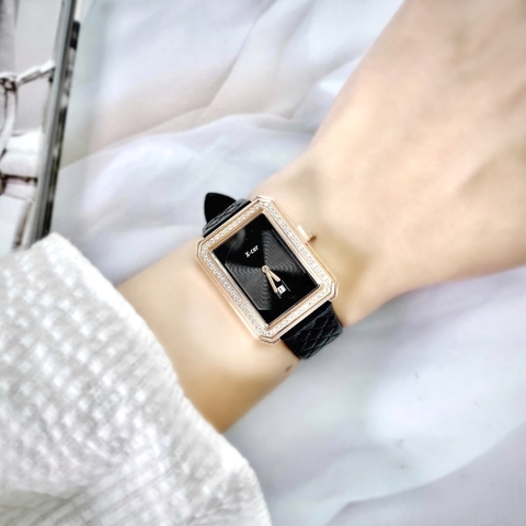 Xcer Tựa Chanel |Nữ Giới |Mặt Chữ Nhật |Đính Đá |Rose Gold |Dây Da Đen |Máy Pin (Quartz) |Size 28mm