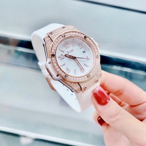 Xcer Tựa Hublot |Nữ Giới |Đính Đá Rose Gold |Dây Silicone Trắng |Máy Pin (Quartz) |Size 36mm