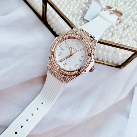 Xcer Tựa Hublot |Nữ Giới |Đính Đá Rose Gold |Dây Silicone Trắng |Máy Pin (Quartz) |Size 36mm