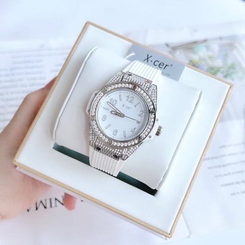 Xcer Tựa Hublot |Nữ Giới |Đính Đá Silver |Dây Silicone Trắng |Máy Pin (Quartz) |Size 36mm