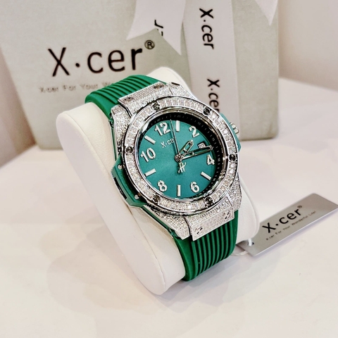 Xcer Tựa Hublot |Nữ Giới |Đính Đá Silver |Dây Silicone Xanh Lá |Máy Pin (Quartz) |Size 36mm