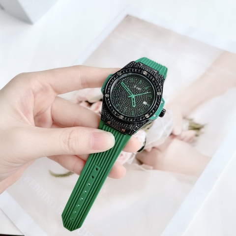 Xcer Tựa Hublot |Nữ Giới |Full Đá Đen |Dây Cao Su Xanh Lá |Máy Pin (Quartz) |Size 34mm