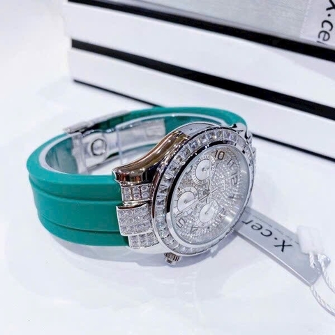 Xcer Tựa Rolex |Nữ Giới |Full Đá Silver |Dây Silicone Xanh Lá |Máy Pin (Quartz) |Size 38mm