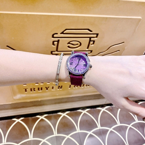 Chopard Happy Sport |Nữ Giới |Đính Đá Rơi |Dây Da Màu Tím |Máy Pin (Quartz) |Size 34mm