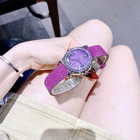 Chopard Happy Sport |Nữ Giới |Đính Đá Rơi |Dây Da Màu Tím |Máy Pin (Quartz) |Size 34mm