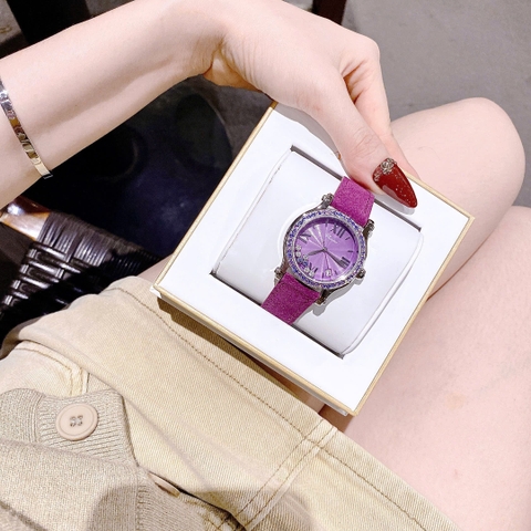 Chopard Happy Sport |Nữ Giới |Đính Đá Rơi |Dây Da Màu Tím |Máy Pin (Quartz) |Size 34mm