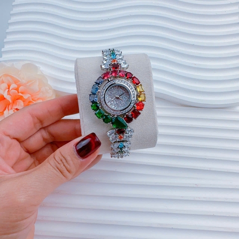 Chopard Mặt Đính Pha Lê Nhiều Màu |Nữ Giới |Vòng Tay Silver |Máy Pin (Quartz) |Size 35mm