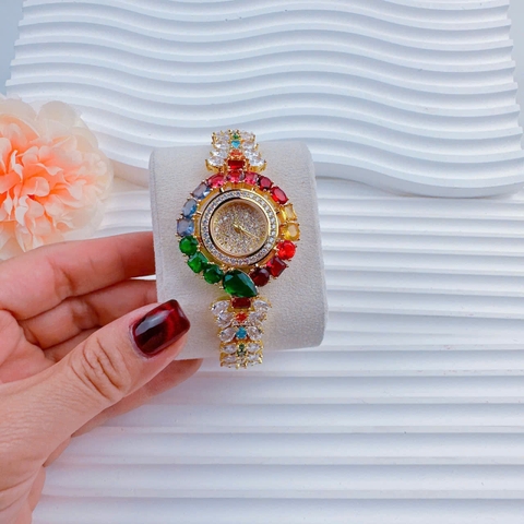 Chopard Full Đá 7 Màu |Nữ Giới |Dây Kim Loại Vàng Gold |Máy Pin (Quartz) |Size 35mm