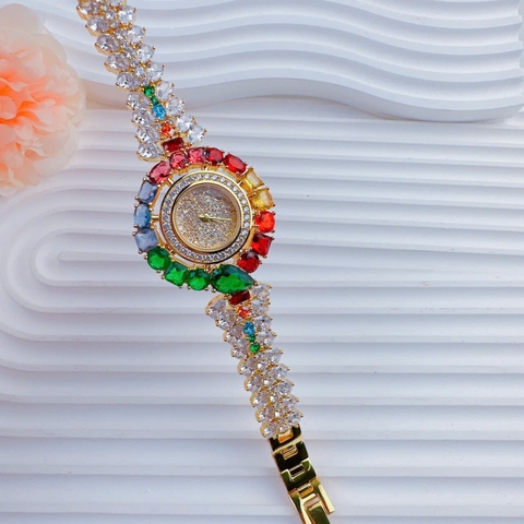 Chopard Full Đá 7 Màu |Nữ Giới |Dây Kim Loại Vàng Gold |Máy Pin (Quartz) |Size 35mm