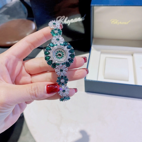Chopard Mặt Bông Hoa Xanh Lá |Nữ Giới |Lắc Tay Đính Đá Silver |Máy Pin (Quartz) |Size 34mm