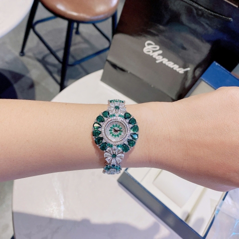 Chopard Mặt Bông Hoa Xanh Lá |Nữ Giới |Lắc Tay Đính Đá Silver |Máy Pin (Quartz) |Size 34mm