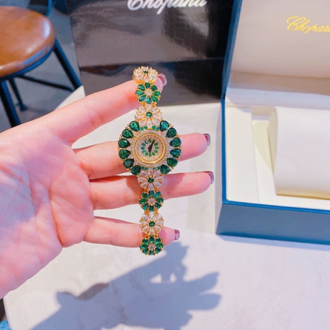 Chopard Full Đá Mix Pha Lê Xanh Lá |Nữ Giới |Dây Kim Loại Vàng Gold |Máy Pin (Quartz) |Size 34mm