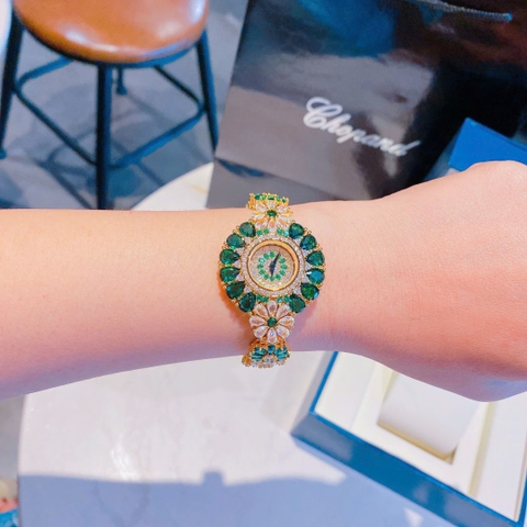 Chopard Full Đá Mix Pha Lê Xanh Lá |Nữ Giới |Dây Kim Loại Vàng Gold |Máy Pin (Quartz) |Size 34mm