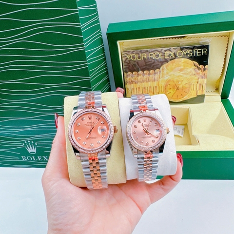 Rolex Đính Đá |Cặp Đôi |Mặt Hồng |Dây Kim Loại Demi Rose |Máy Pin (Máy Quartz) |Size 36x31mm