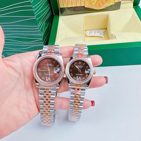 Rolex Mặt Số La Mã |Cặp Đôi |Nâu |Đính Đá |Dây Kim Loại Demi Rose |Máy Pin (Máy Quartz) |Size 36x31mm