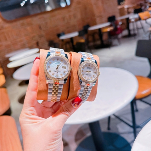 Rolex Đính Đá |Cặp Đôi |Mặt Trắng |Dây Kim Loại Demi Vàng |Máy Pin (Máy Quartz) |Size 36x31mm