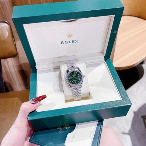 Rolex Đính Đá |Nữ Giới |Mặt Xanh Lá |Dây Kim Loại Silver |Máy Pin (Máy Quartz) |Size 31mm
