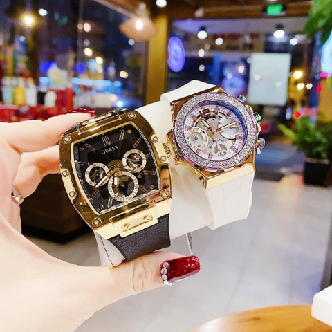 Guess Chronograph |Cặp Đôi |Vàng Gold |Đính Đá |Dây Cao Su |Size 43x36mm