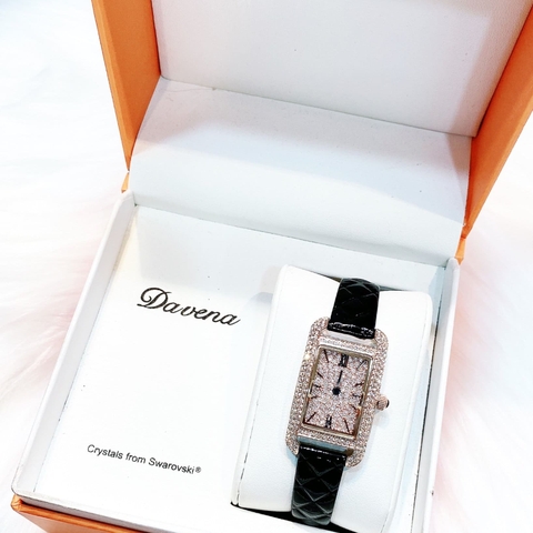 Davena Mặt Chữ Nhật |Nữ Giới |Đính Đá |Rose Gold |Dây Da Đen |Máy Pin (Quartz) |Size 21x27mm