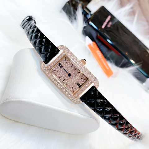 Davena Mặt Chữ Nhật |Nữ Giới |Đính Đá |Rose Gold |Dây Da Đen |Máy Pin (Quartz) |Size 21x27mm