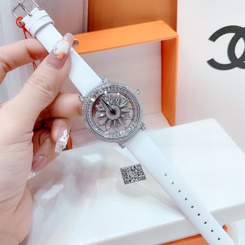 Davena Bông Hoa Xoay |Nữ Giới |Đính Đá |Silver |Dây Da Trắng |Máy Pin (Quartz) |Size 38mm