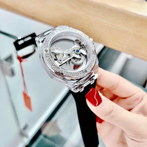 Davena Lộ Cơ |Unisex |Đính Đá |Silver |Dây Silicone Đen |Máy Cơ (Automatic) |Size 42mm