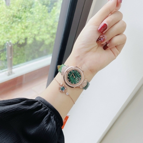 Davena 3 Kim |Nữ Giới |Đính Đá Rose Gold |Dây Da Xanh Lá |Máy Pin (Máy Quartz) |Size 32mm