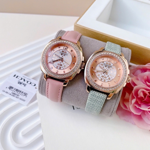 Set Coach Boyfriend |Nữ Giới |Đính Đá |Rose Gold |Dây Da Hồng |Máy Pin (Quartz) |Size 34mm
