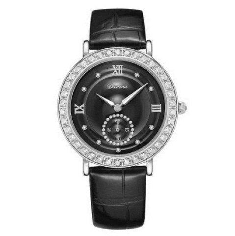 Davena Mặt Tròn Đen |Nữ Giới |Đính Viền Đá |Dây Da Vân Đen |Máy Pin (Quartz) |Size Lớn 38mm