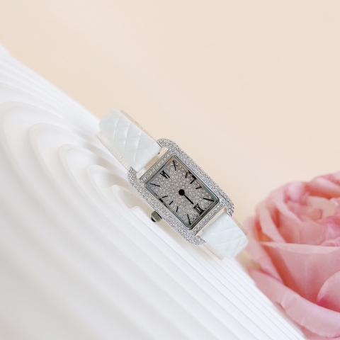Davena Mặt Chữ Nhật |Nữ Giới |Đính Đá |Silver |Dây Da Trắng |Máy Pin (Quartz) |Size 21x27mm