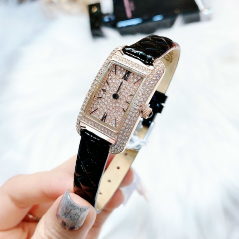 Davena Mặt Chữ Nhật |Nữ Giới |Đính Đá |Rose Gold |Dây Da Đen |Máy Pin (Quartz) |Size 21x27mm