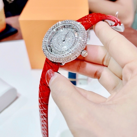 Davena Mặt Xoay |Nữ Giới |Full Đá Trắng Silver |Dây Da Đỏ |Máy Pin (Quartz) |Size 39mm