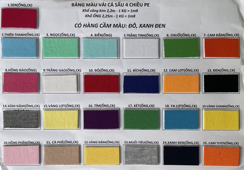 Bảng màu vải cá sấu PE 4 chiều Hoàng Kim
