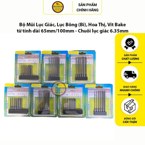 Bộ Mũi Lục Giác, Lục Bông (Bi), Hoa Thị, Vít Bake từ tính dài 65mm/100mm - Chuôi lục giác 6.35mm